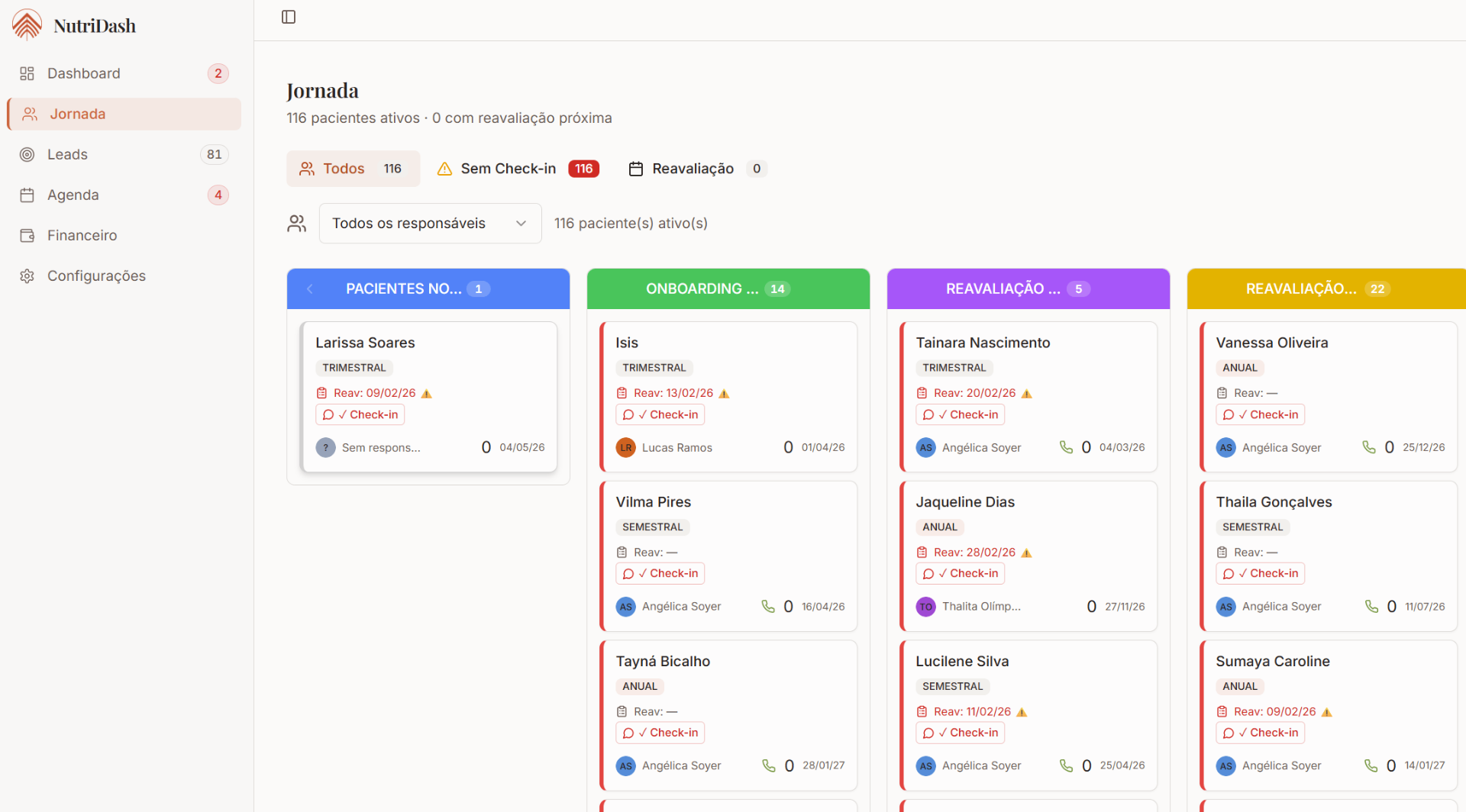 Jornada do NutriDash — kanban de pacientes por fase